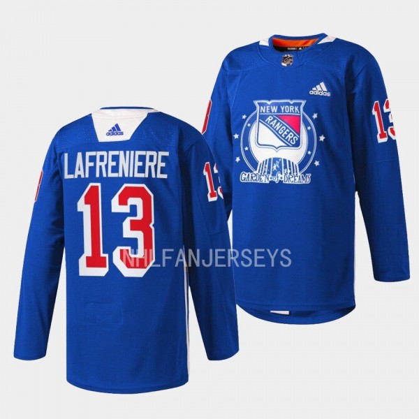 Alexis Lafreniere #13 New York Rangers 2022 Garden of Dreams Warmups Blue Jersey