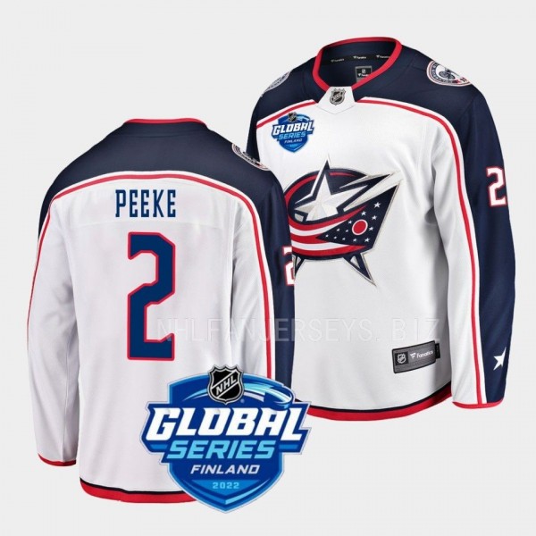 Andrew Peeke Columbus Blue Jackets 2022 NHL Global Series White Away Jersey Men's