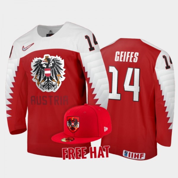 Austria Hockey Tim Geifes 2022 IIHF World Junior Championship Red #14 Jersey Free Hat