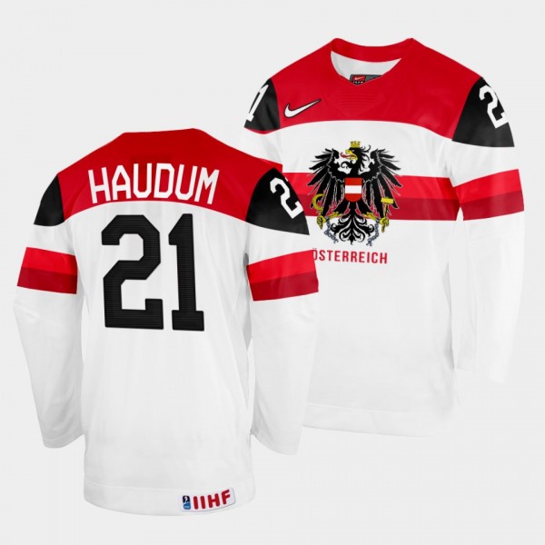 Lukas Haudum 2022 IIHF World Championship Austria Hockey #21 White Jersey Home