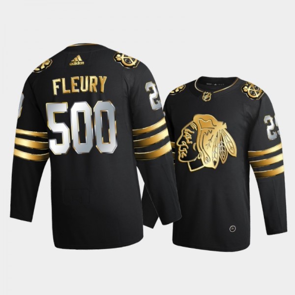 Marc-Andre Fleury #29 Chicago Blackhawks 500th Career win Black Golden Edition Jersey