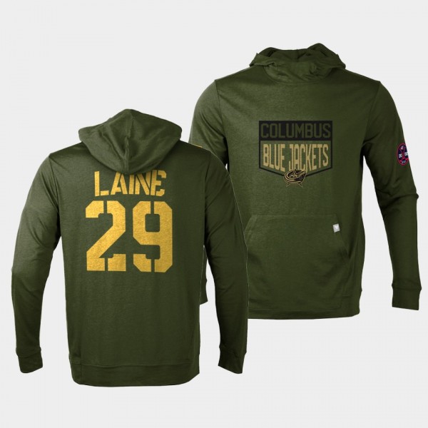 Columbus Blue Jackets Patrik Laine 2022 Salute to Service Olive Levelwear Hoodie Pullover