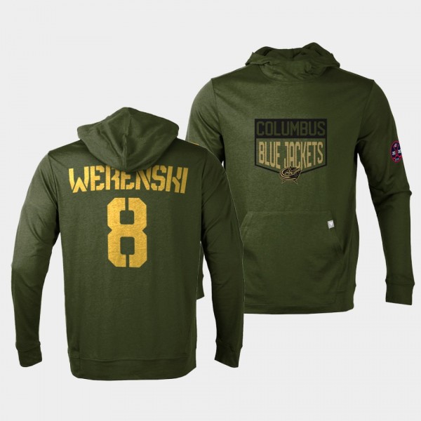 Columbus Blue Jackets Zach Werenski 2022 Salute to Service Olive Levelwear Hoodie Pullover