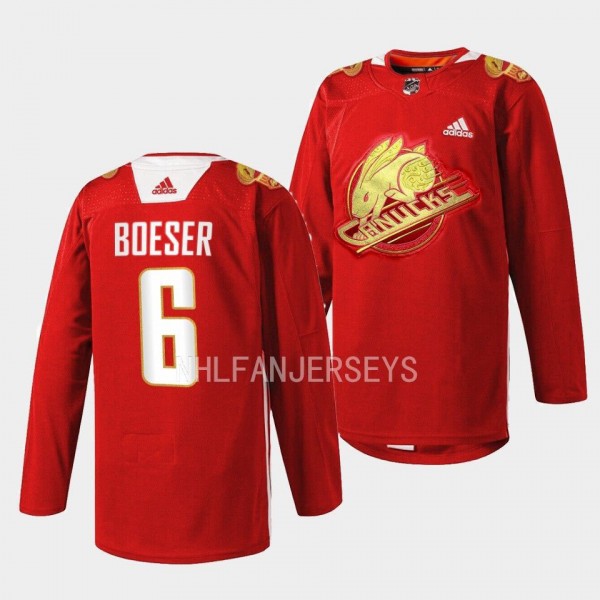 Vancouver Canucks 2023 Lunar New Year Brock Boeser #6 Red Jersey Rabbit Warm-up