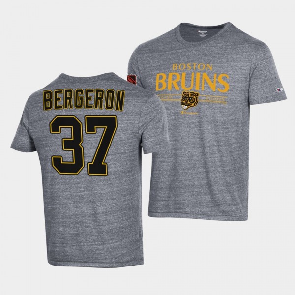 Boston Bruins Champion Patrice Bergeron #37 Gray T-Shirt Tri-Blend
