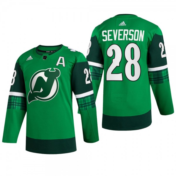 New Jersey Devils Damon Severson #28 St Patricks Day 2022 Green Jersey Warm-Up