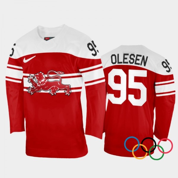 Denmark Hockey Nick Olesen 2022 Winter Olympics Red #95 Jersey Away