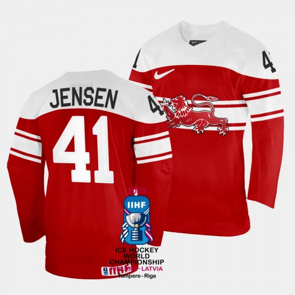 Denmark #41 Jesper Jensen 2023 IIHF World Championship Away Jersey Red