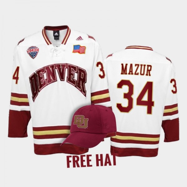 Denver Pioneers Carter Mazur #34 College Hockey Wh...