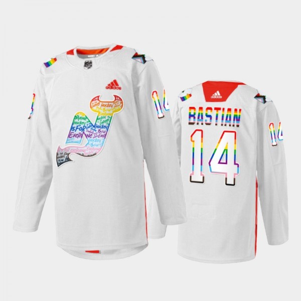 Nathan Bastian New Jersey Devils LGBTQ Pride Night 2022 Jersey White #14 Warmup