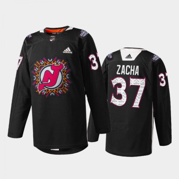 Pavel Zacha New Jersey Devils 2022 Hispanic Heritage Night Jersey Black #37 Warm-Up