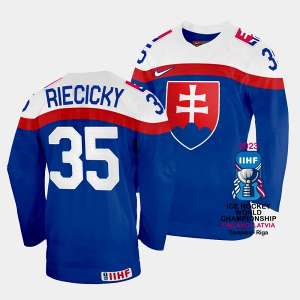 Slovakia 2023 IIHF World Championship Dominik Riecicky #35 Blue Jersey Away