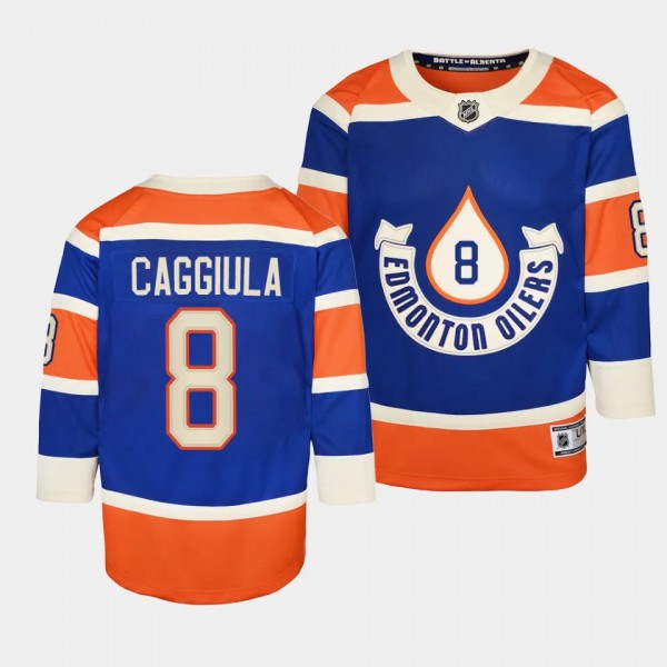 Edmonton Oilers #8 Drake Caggiula 2023 NHL Heritage Classic Premier Player Royal Youth Jersey