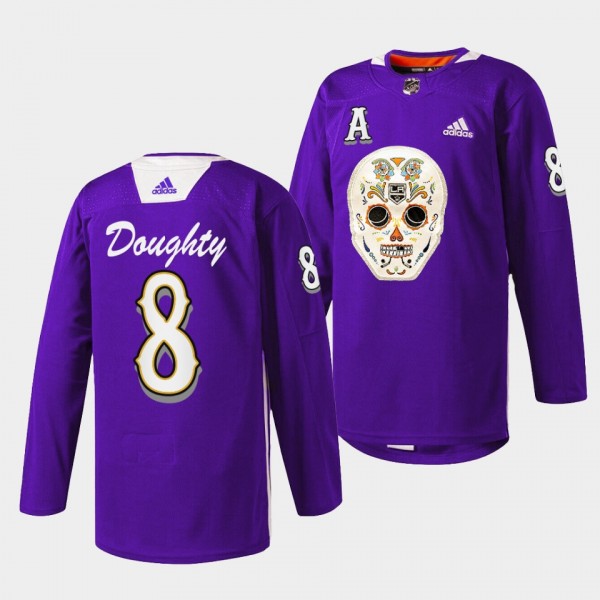 Dia De Los Metros Night Drew Doughty Los Angeles Kings Purple #8 Sugar Skull warmup Jersey 2022