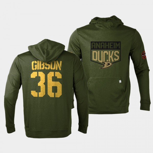 John Gibson Anaheim Ducks 2022 Salute to Service Olive Levelwear Hoodie