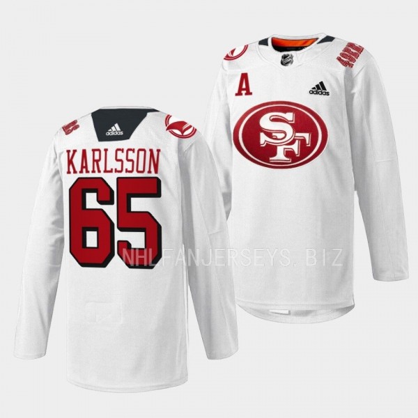 San Jose Sharks 2022 49er Mash-Up Erik Karlsson #65 White Jersey Specialty Warm-Up