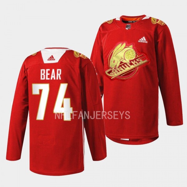 Vancouver Canucks 2023 Lunar New Year Ethan Bear #74 Red Jersey Rabbit Warm-up