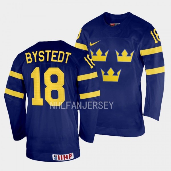 Sweden 2023 IIHF World Junior Championship Filip Bystedt #18 Navy Jersey Away