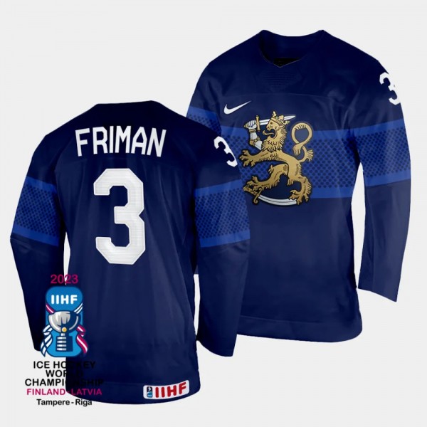 Finland #3 Niklas Friman 2023 IIHF World Championship Away Jersey Navy