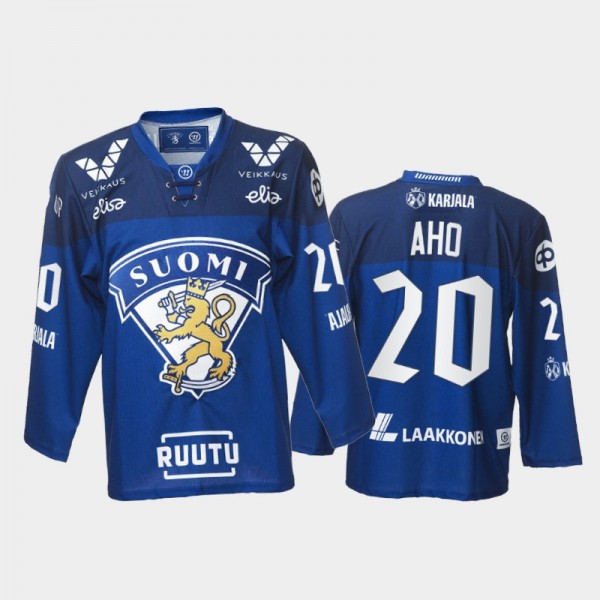Sebastian Aho Finland Team Blue Hockey Jersey 2021...