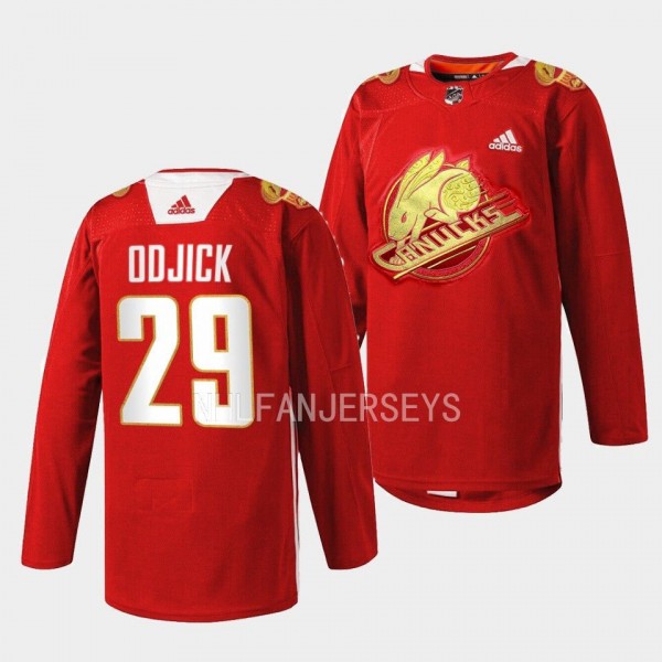 Vancouver Canucks 2023 Lunar New Year Gino Odjick #29 Red Jersey Rabbit Warm-up