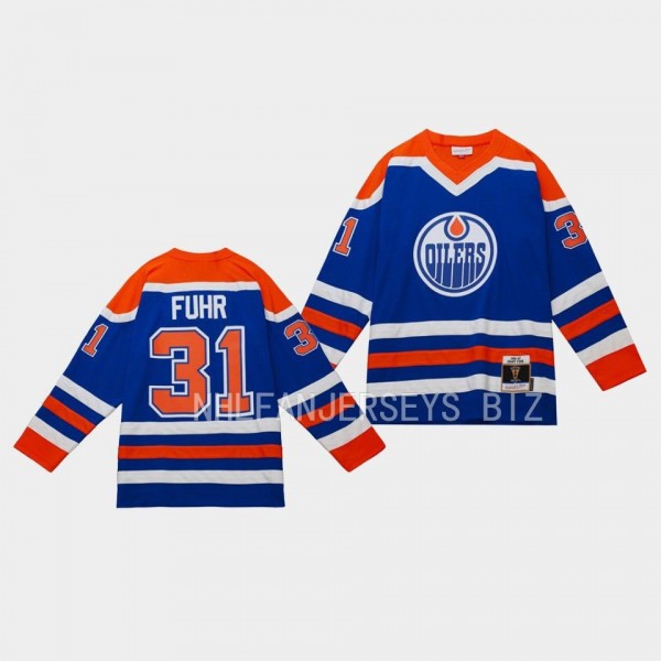 Grant Fuhr Edmonton Oilers Blue Line 1986 Throwback Blue #31 Jersey Mitchell Ness