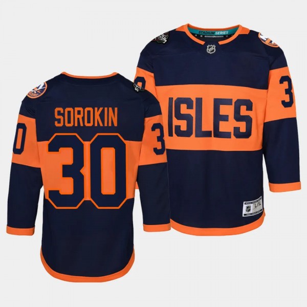 New York Islanders #30 Ilya Sorokin 2024 NHL Stadium Series Premier Player Navy Youth Jersey