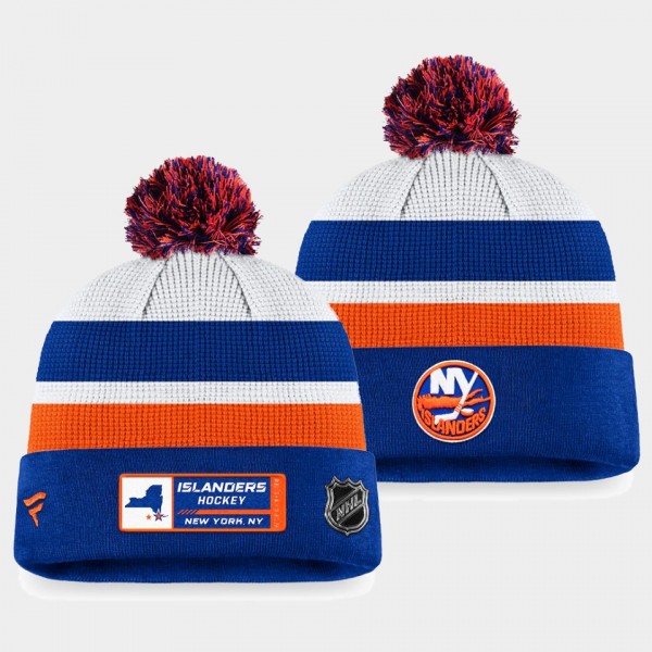 Authentic Pro Draft New York Islanders White Royal Cuffed with Pom Knit Hat