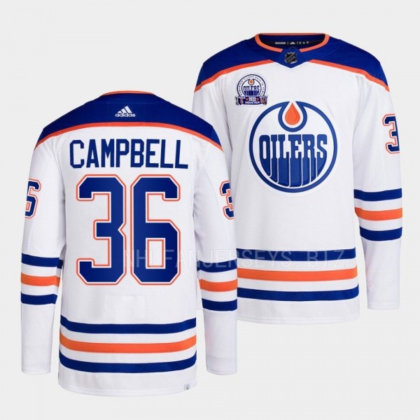 Edmonton Oilers 2022 Lee Ryan Hall of Fame patch Jack Campbell #36 White Away Jersey Men's