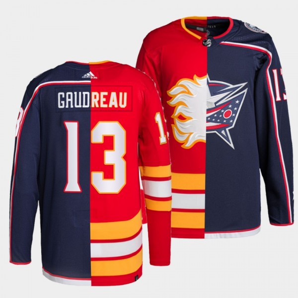 Johnny Gaudreau Flames x Blue Jackets Split Navy Red Jersey #13 Special Commemorative