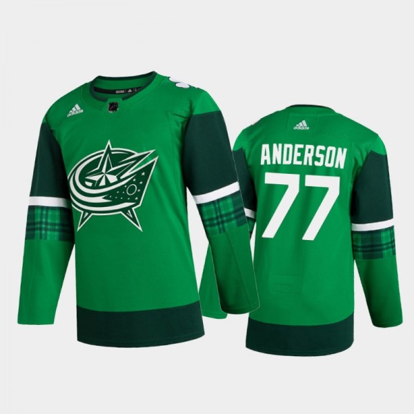 Columbus Blue Jackets Josh Anderson #77 2020 St. Patrick's Day Authentic Player Jersey Green