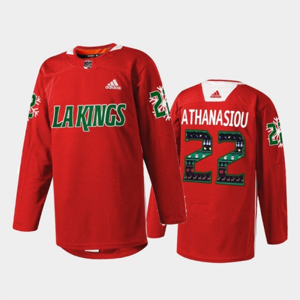 Andreas Athanasiou #22 Los Angeles Kings Holiday Sweater Red Warm Up Jersey