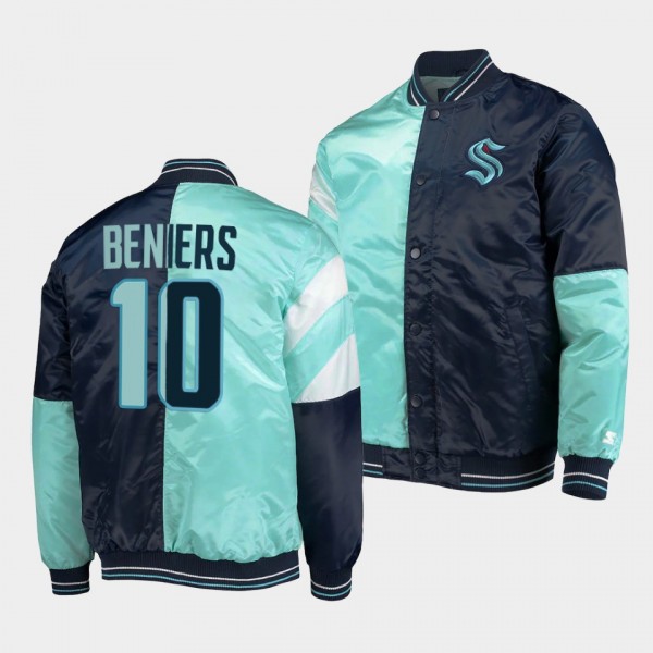Seattle Kraken Matty Beniers Color Block Jacket Blue Full-Snap Varsity Satin