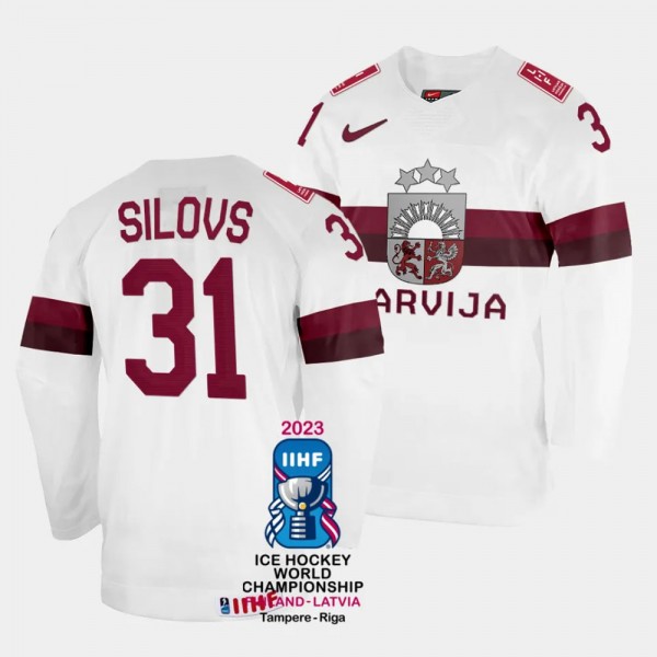 Latvia #31 Arturs Silovs 2023 IIHF World Champions...