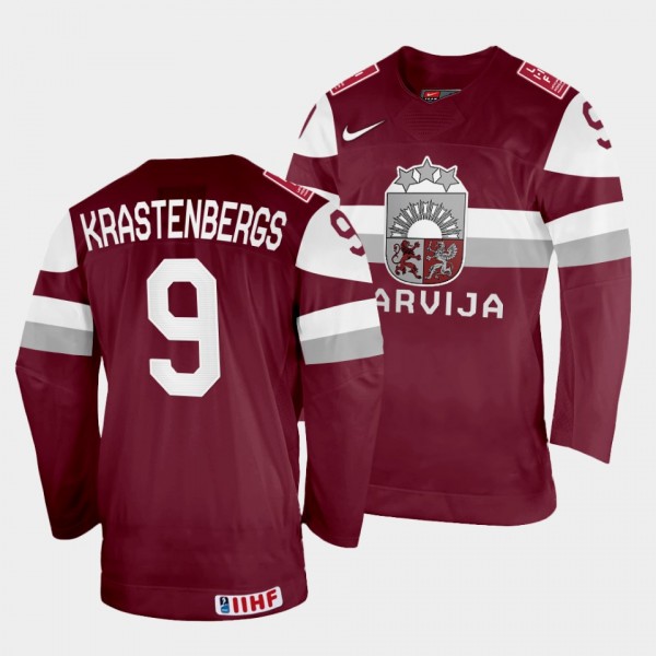 Renars Krastenbergs 2022 IIHF World Championship Latvia Hockey #9 Maroon Jersey Away