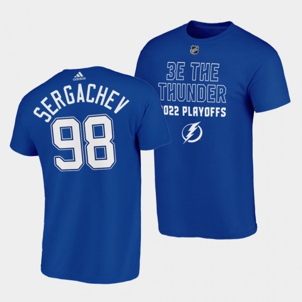Tampa Bay Lightning Mikhail Sergachev 3E THE THUNDER 2022 Playoffs Blue #98 T-Shirt