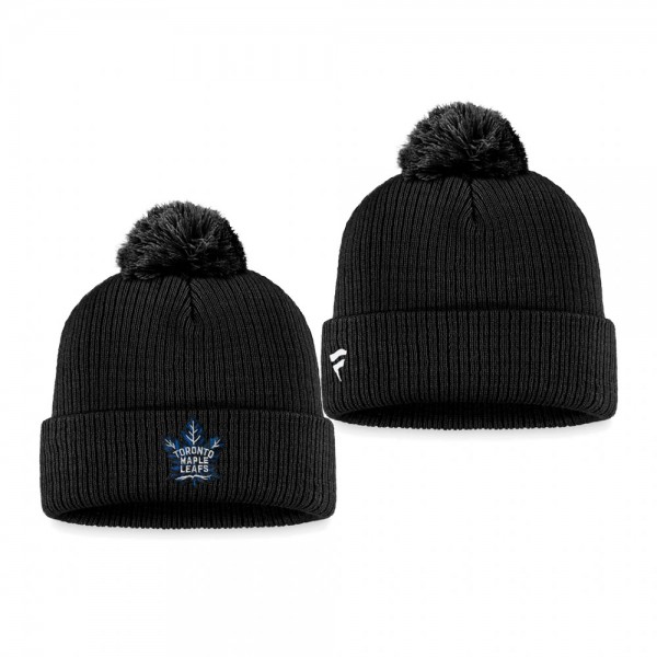 Maple Leafs Alternate Logo Black Knit Hat Cuffed with Pom