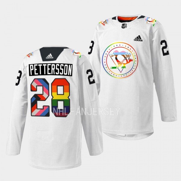 Pittsburgh Penguins 2022 Pride warmup Marcus Pettersson #28 White Jersey Rainbow