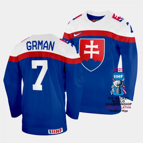 Slovakia 2023 IIHF World Championship Mario Grman #7 Blue Jersey Away