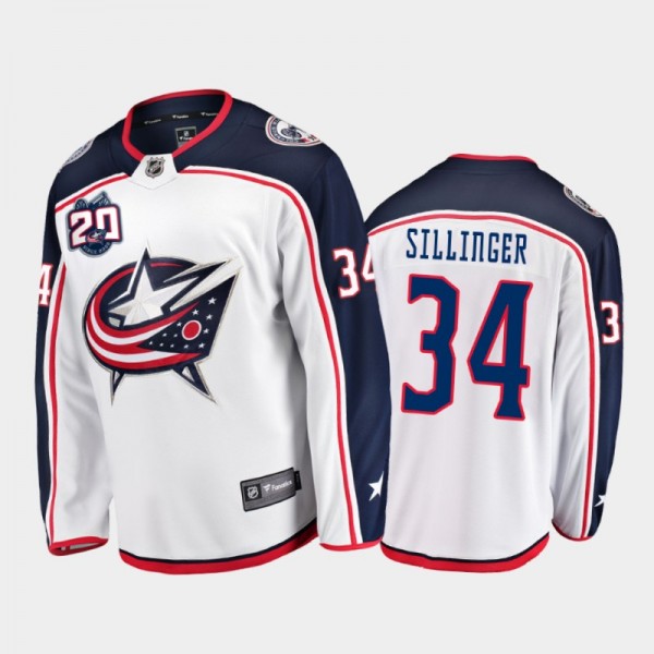 Columbus Blue Jackets #34 Cole Sillinger Away White 2021-22 Player Jersey