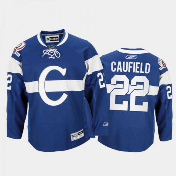 Men Montreal Canadiens Cole Caufield #22 Throwback 100th Anniversary Celebration Blue Jersey