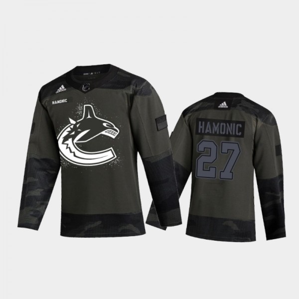 Men's Vancouver Canucks Travis Hamonic #27 2021 Armed Forces Night Camo Warm-Up Jersey