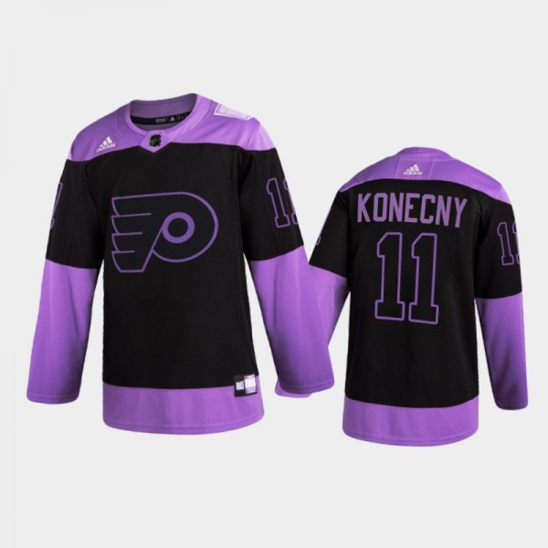 Men Philadelphia Flyers Travis Konecny #11 2021 Hockey Fights Cancer Night Purple Jersey