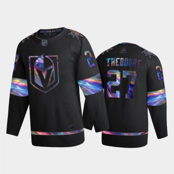 Men Vegas Golden Knights Shea Theodore #27 Iridescent Holographic Black Authentic Jersey