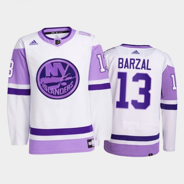 New York Islanders 2021 HockeyFightsCancer Mathew Barzal White #13 Primegreen Jersey