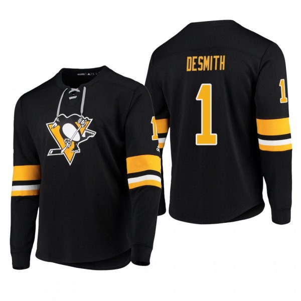 Penguins Casey DeSmith #1 Adidas Platinum Long Sleeve 2018-19 Cheap Jersey T-Shirt Black