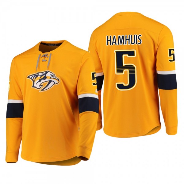 Predators Dan Hamhuis #5 Adidas Platinum Long Sleeve 2018-19 Cheap Jersey T-Shirt Yellow