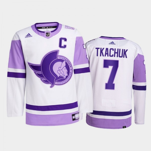 Brady Tkachuk #7 Ottawa Senators 2021 HockeyFightsCancer White Primegreen Jersey