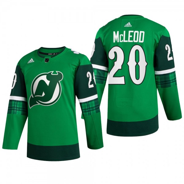 New Jersey Devils Michael McLeod #20 St Patricks Day 2022 Green Jersey Warm-Up