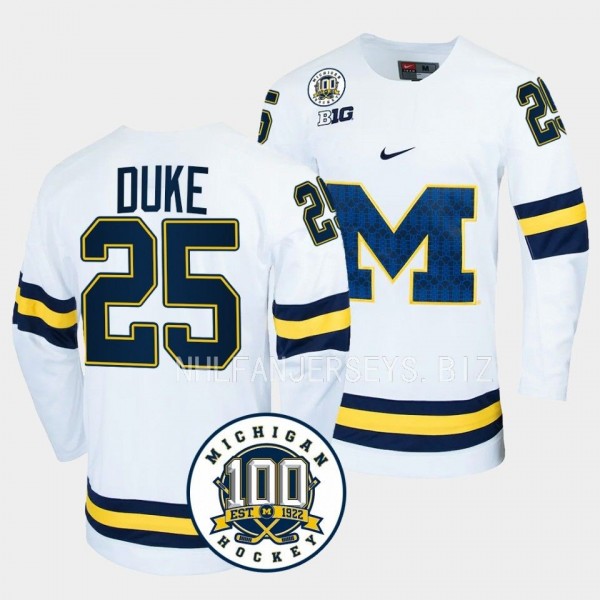 Michigan Wolverines Dylan Duke 100th Anniversary White Hockey Jersey
